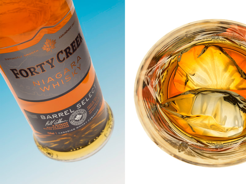 A pair of images. On the left is a bottle of Forty Creek whisky and on the right is a top-down view of a glass of whisky with ice. Both photographed in studio in Peterborough Ontario Canada.