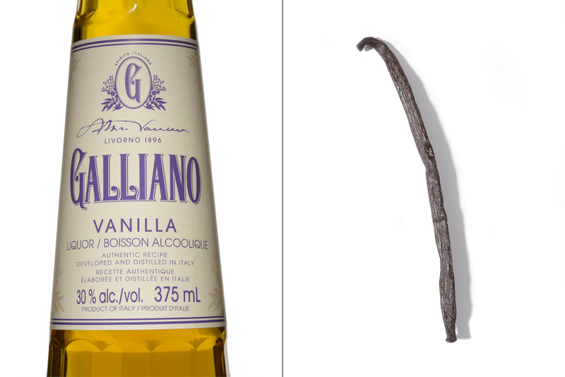 A pair of images that show a bottle of yellow toned vanilla liquor on the left and a single vanilla bean on white paper on the right.